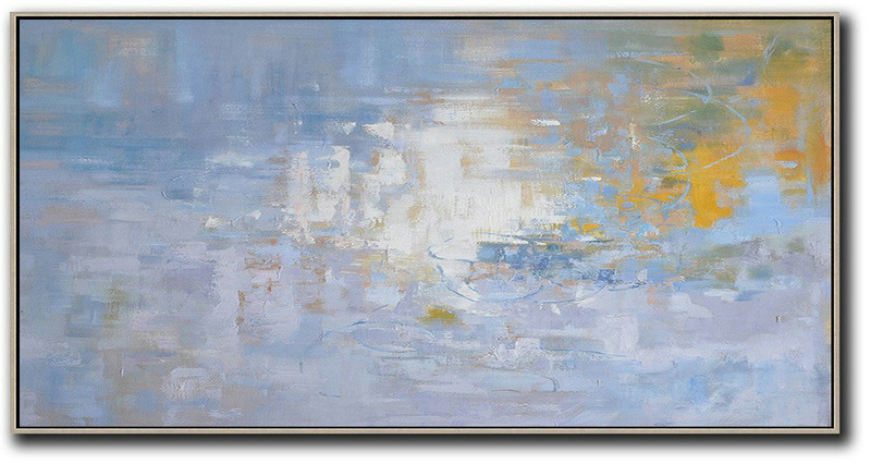 Handmade Large Contemporary Art,Panoramic Abstract Landscape Painting,Hand Made Original Art Light Blue,Yellow,White